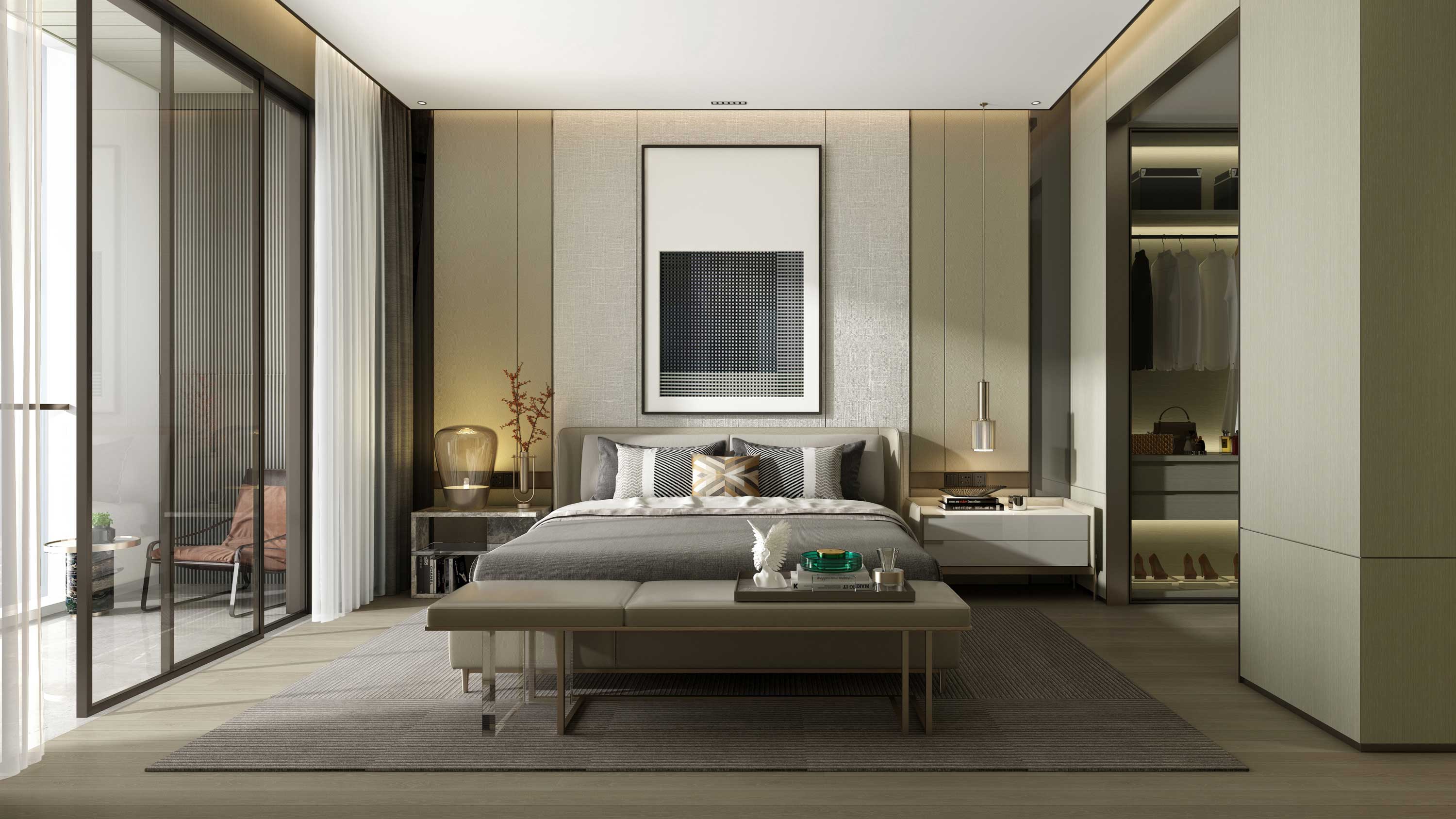 hotel lobby with bright lighting and a lit-up front desk crestron technology