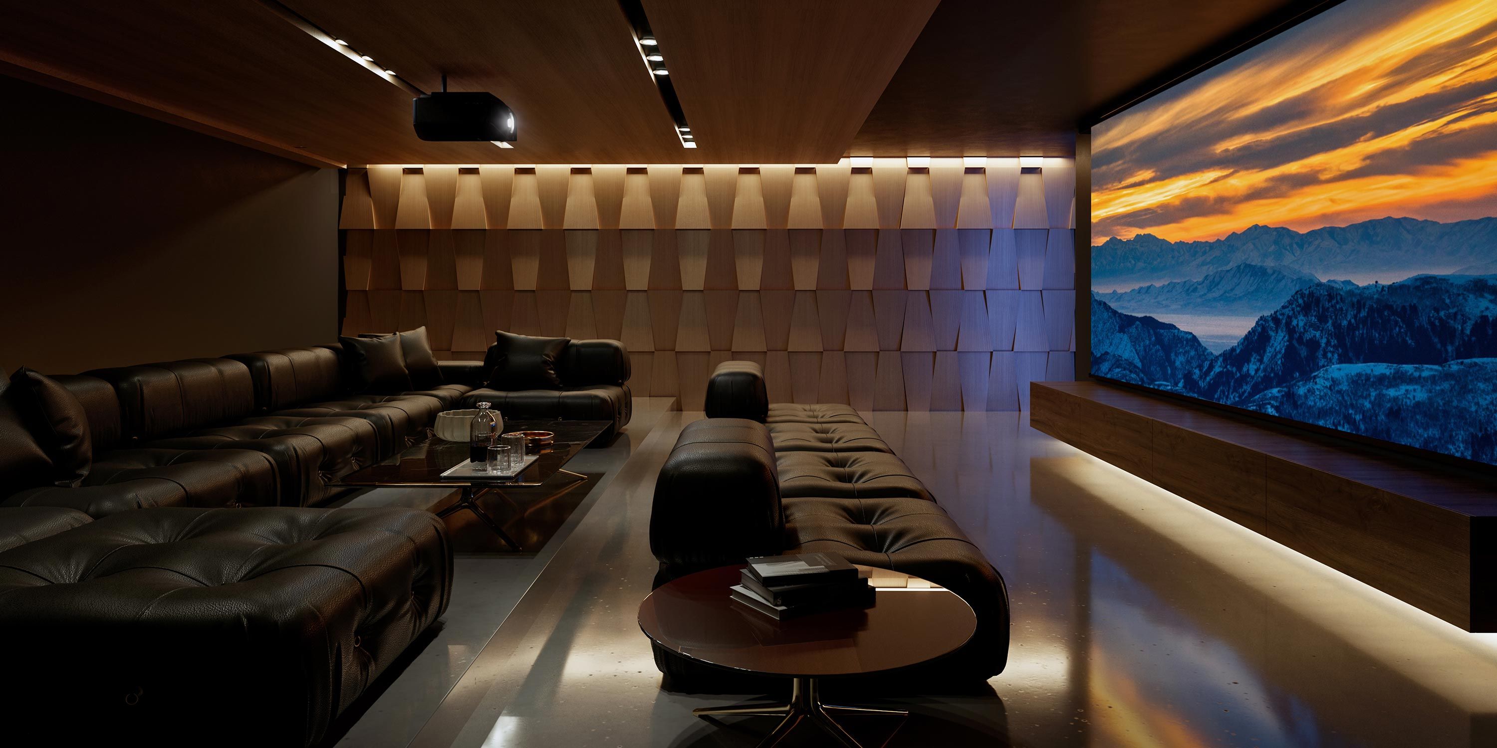 sony home theater with black seating and sunset scene on screen
