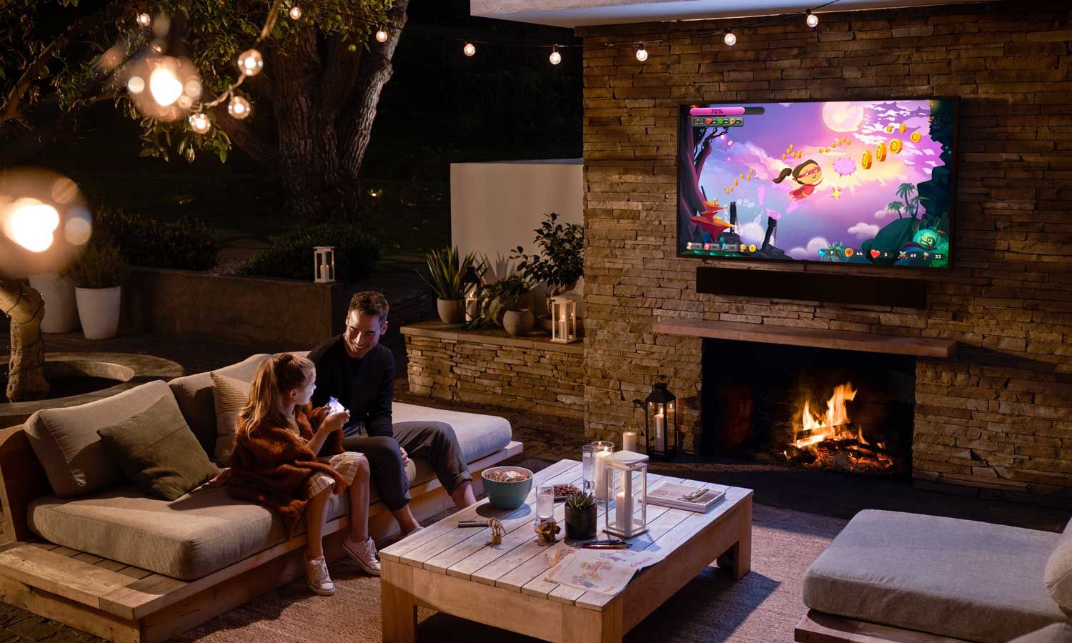 Sony outdoor TV in a patio at night