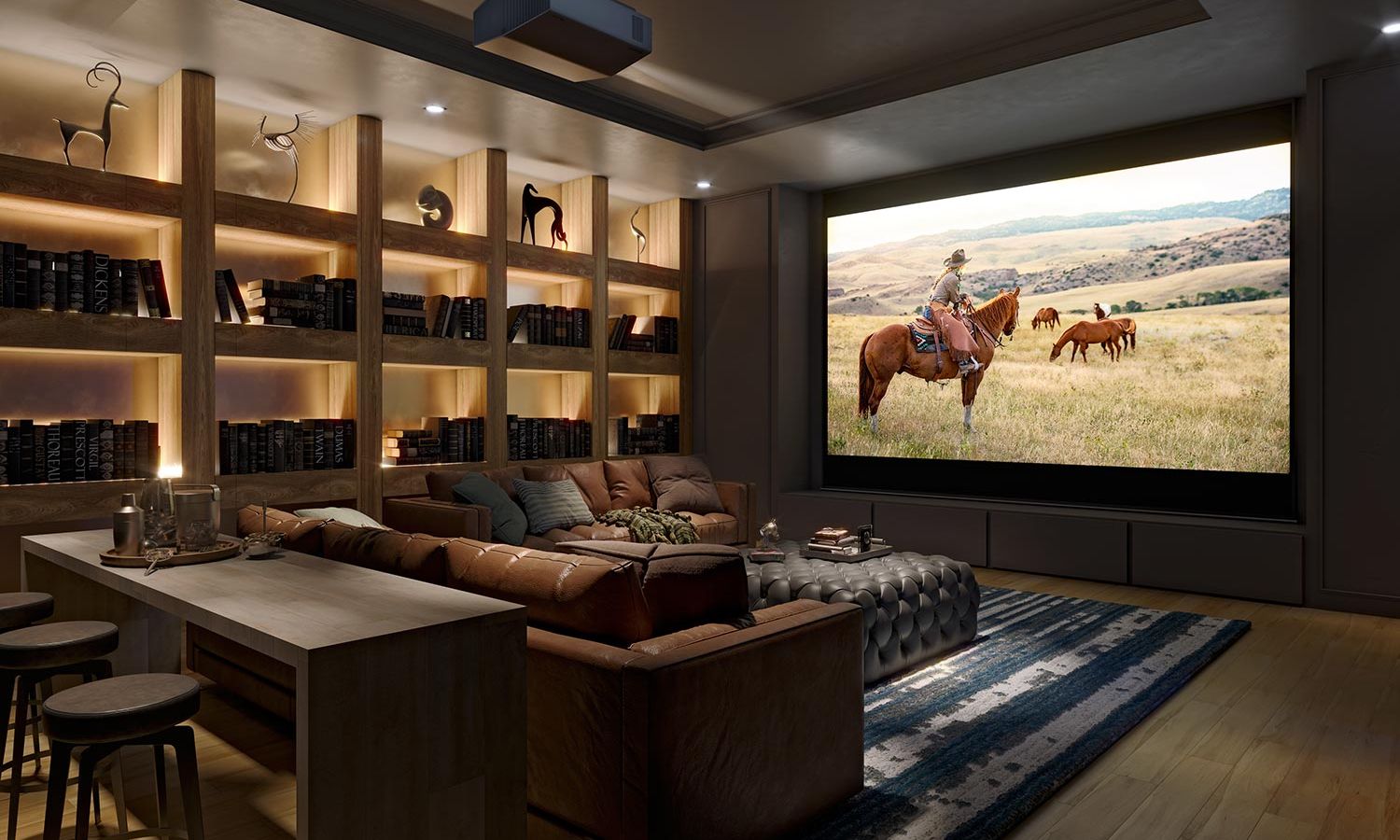 A luxurious home theater featuring a large projection screen, plush seating, and a backlit bookshelf filled with decorative pieces and books.