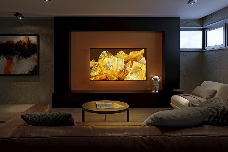 A sophisticated home theater with a large Sony TV screen and comfortable seating.